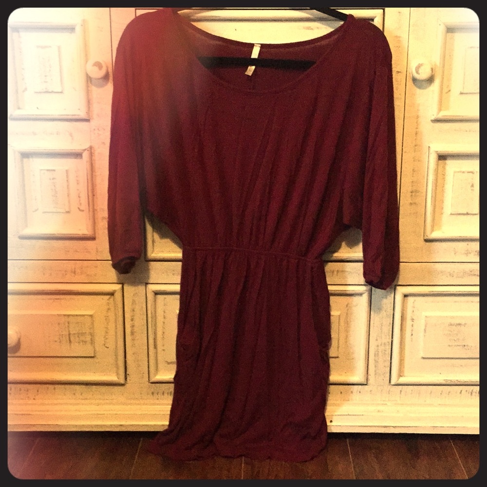Burgundy Off Shoulder Mini Dress with belt